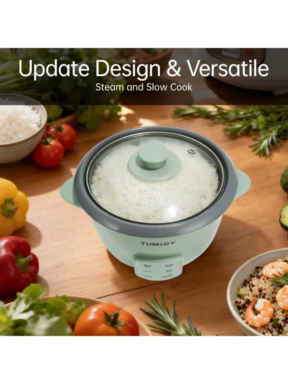 Compact 3-Cup Rice Cooker & Steamer, 6-Cup Capacity, Easy Clean, Green Kitchen